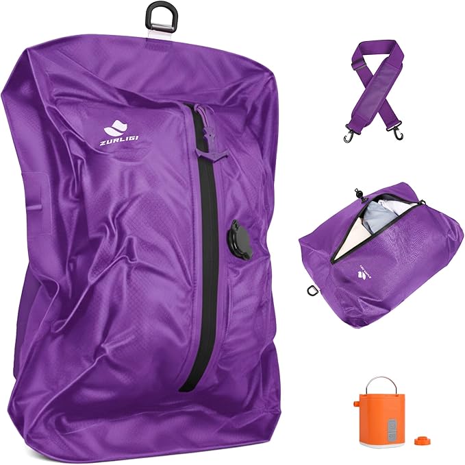 Zurligi Vacuum Bags with Pump for Travel – IPX8 Waterproof Reusable Carry-On Compression Bags for Clothes, Suitcase & Luggage(1-Pack, Purple)