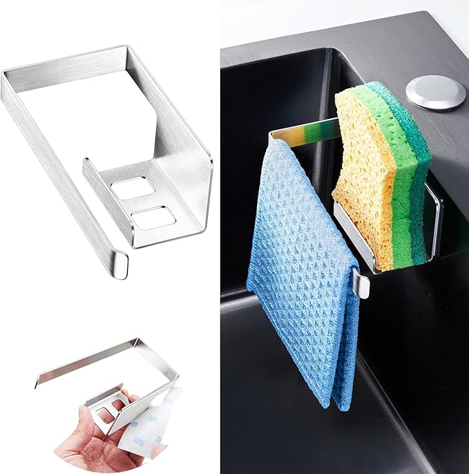 Sponge and Dish Cloth Holder for Kitchen Sink, 2 in 1 Adhesive Sink Dish Sponge Holder, Sinks Caddy Organizer Rack for Storage Sponges Scrubber Glove and Brush, Silver