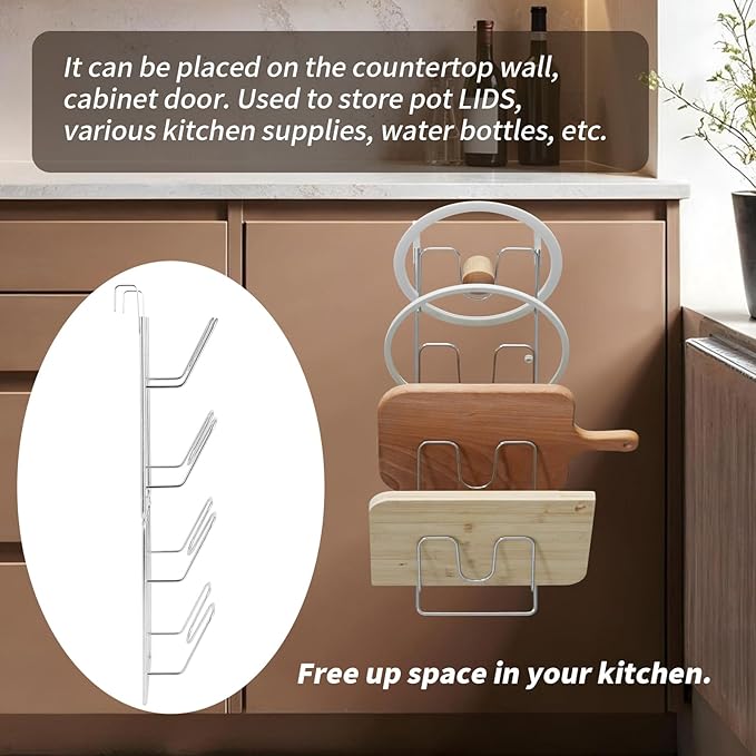 4 Tier Lid Organizer - No Drilling Wall Mounted Pot Cover Rack - Stainless Steel Lid Holder for Kitchen Cabinet
