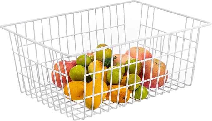 iPEGTOP Wire Storage Freezer Baskets, Set of 2 13.4" Household Organizer Storage Bins Fridge Basket Rack with Handles for Kitchen Cabinets, Pantry, Office, Bathroom Organization - White