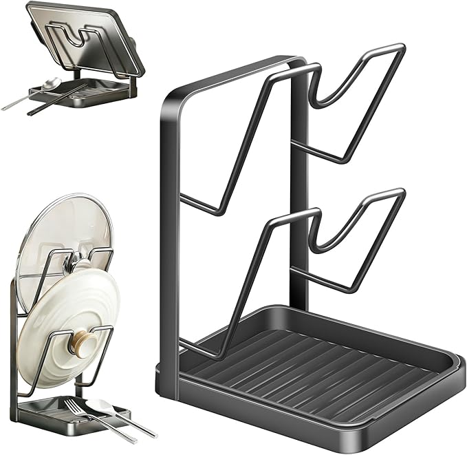 Kitchen Pot Lid Storage Rack, Stainless Steel Pot Lid Holder While Cooking for Countertop, Multifunctional Pots Lids Organizer Rack with Removable Drip Tray for Spatulas, Ladles & Large Lids (Gray2)