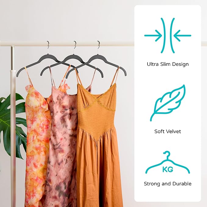 Sishynio Premium Velvet Hangers 50 Pack - Space-Saving Closet Organizer for Clothes, Non-Slip Flocked Design, Ideal for Shirts and Coats (Black)
