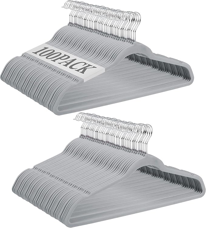 SUPER DEAL Velvet Hangers 100 Pack, Premium Clothes Hanger Slim Non-Slip Notched for Suit Coat Pants, Dress 360 Degree Swivel Space Saving Heavy Duty for Closet, Grey