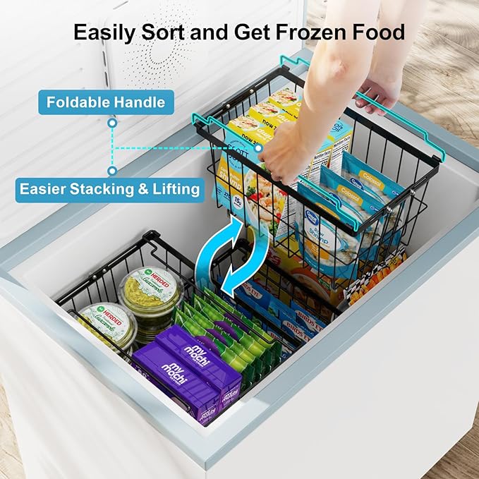 iSPECLE Freezer Organizer Bins - 4 Pack Adjustable Width for 5 to 7 Cu.Ft Chest Freezers, Stackable Freezer Wire Storage Baskets for Deep Freezer Organization, Assembly Required, Black
