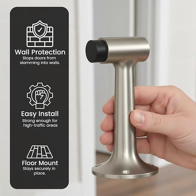 Heavy Duty 6″ Door Stopper, Solid Brass Commercial Grade, Floor Mount - Satin Nickel Finish (US15)