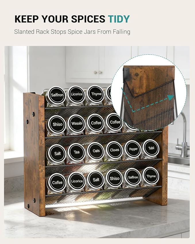 NESAPTO Spice Rack Organizer for Cabinet, Wooden 4 Tier Vertical Seasoning Organizers for Kitchen Pantry, Countertop/Wall Mount, Holds 24 Spice Jars (No Jars Included),12.2" W × 9.4" H