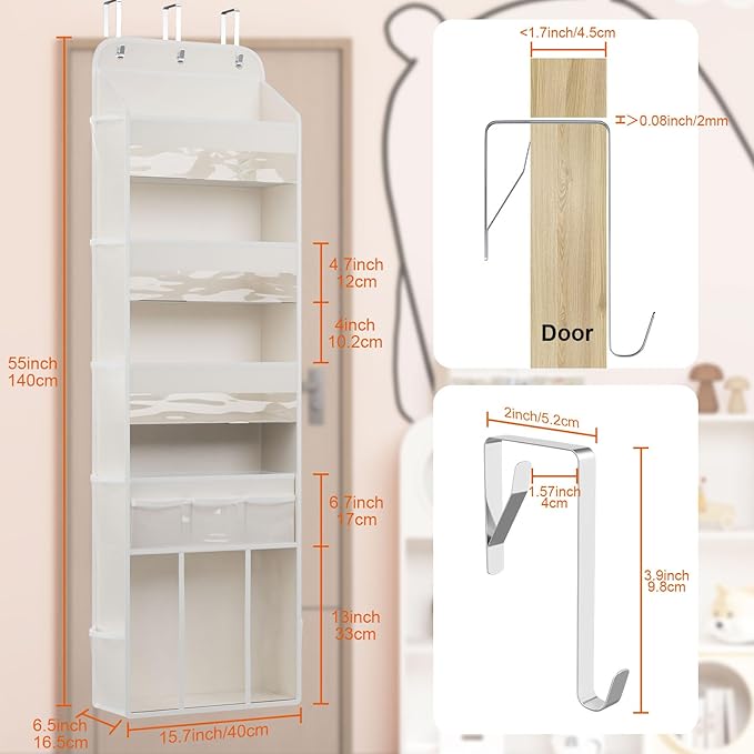 OneDream 5-Tier Over the Door Organizer with Removable Storage Caddy, Baby Clothes Organizer for Nursery, Hanging Behind Door Storage with Clear Pockets and Side Mesh Compartments, Beige