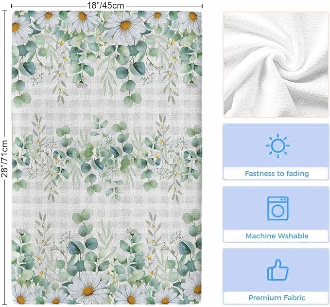 Kitchen Towels Set of 4, Green Eucalyptus Leaves Soft Microfiber Dish Towels, Daisy Summer Botanical Watercolor Plaid Absorbent Washable Dishcloths for Kitchen Cleaning, Drying Dishes, 18x28 Inches