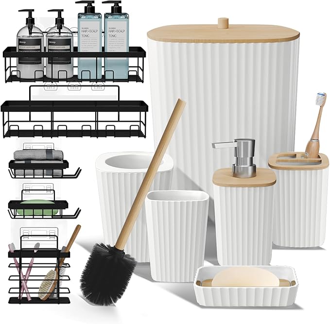 Clara Clark Bathroom Set - White Bathroom Accessories Set, 6PC Bathroom Accessory Set, Bathroom Sets with Adhesive Corner Shower Caddy Hanging, Toilet Brush, Trash Can & Soap Dispenser
