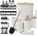 Clara Clark Bathroom Set - White Bathroom Accessories Set, 6PC Bathroom Accessory Set, Bathroom Sets with Adhesive Corner Shower Caddy Hanging, Toilet Brush, Trash Can & Soap Dispenser