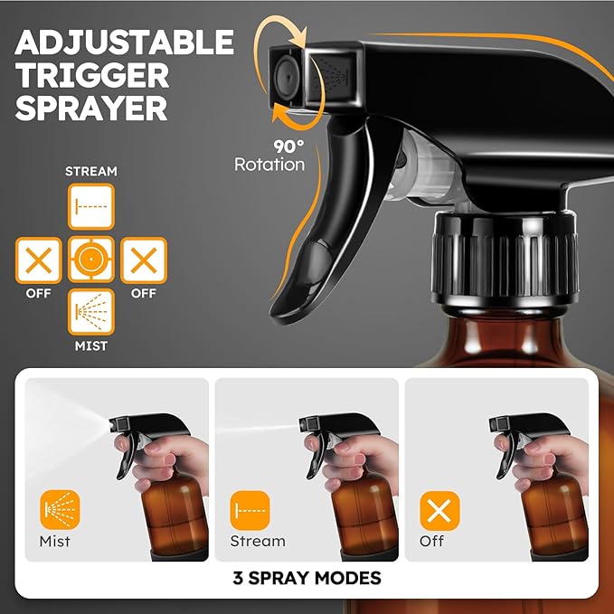Tecohouse 2 Pack 360° Amber Glass Spray Bottles with Silicone Sleeve, 16 oz Empty Refillable Containers with Adjustable Spray Nozzles, Dark Spray Bottles for Cleaning Solutions, Plants (Black & Brown)