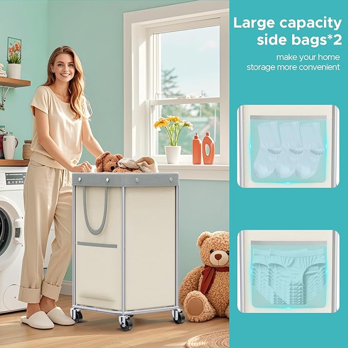JYPS Laundry Basket With Wheels, 150L Large Rolling Hamper W/Metal Frame & Removable Bag, Waterproof Oxford Fabric, 2 Side Bags, Dirty Clothes Storage Cart For Laundry Room, Dorm, Bedroom, Bathroom