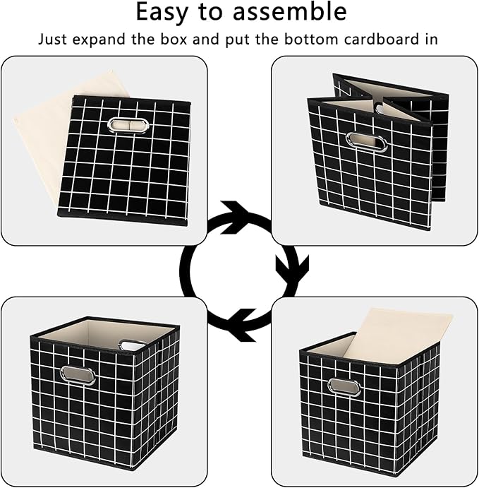 Yunkeeeper storage bins Cubes, Fabric Cube Organizer with Handle, Foldable Cube Bins for Cloth or Accessary Storage, 11x11x11, Set of 6, (Black grid)