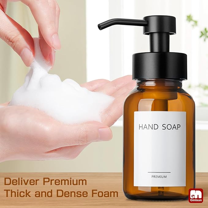 GMISUN Foaming Soap Dispenser, 4 Pcs 8.5 Fl oz Amber Glass Foam Hand Soap Dispenser for Bathroom & Kitchen, Refillable Hand Soap Foam Dispensers, Modern Amber Glass Pump Bottle with Waterproof Labels