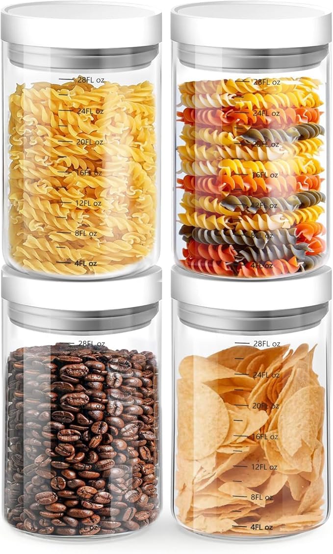 Danbark Set of 4 30oz Airtight Glass Storage Canisters with Lids - Pantry Organizers and Storage Glass for Kitchen - for Pantry, Flour, Sugar, Coffee, Tea, Pasta, Rice, and Snacks - White