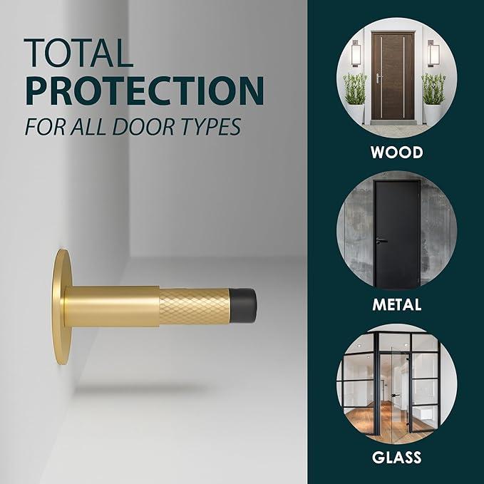 Mega Handles Knurled Baseboard Door Stopper - Heavy Duty Door Stoppers for Bottom of Door, Zinc Alloy Door Stops with Rubber Tip - Satin Brass