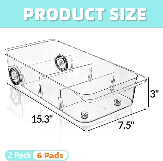 2 Pack Refrigerator Organizer Bin with Wheels, Roll Out Pantry Storage with Dividers, Clear Plastic Refrigerator Drawer, Upgrade Thick Fridge Caddy for Under Sink, Kitchen Organization