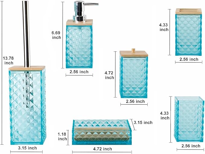 Light Blue Bathroom Accessory Set, 6 PCS Light Blue Bathroom Accessories Set, Soap Dispenser, Toothbrush Holder, Soap Dish, Mouthwash Cup, Cotton Swab Holder and Toilet Brush, Acrylic