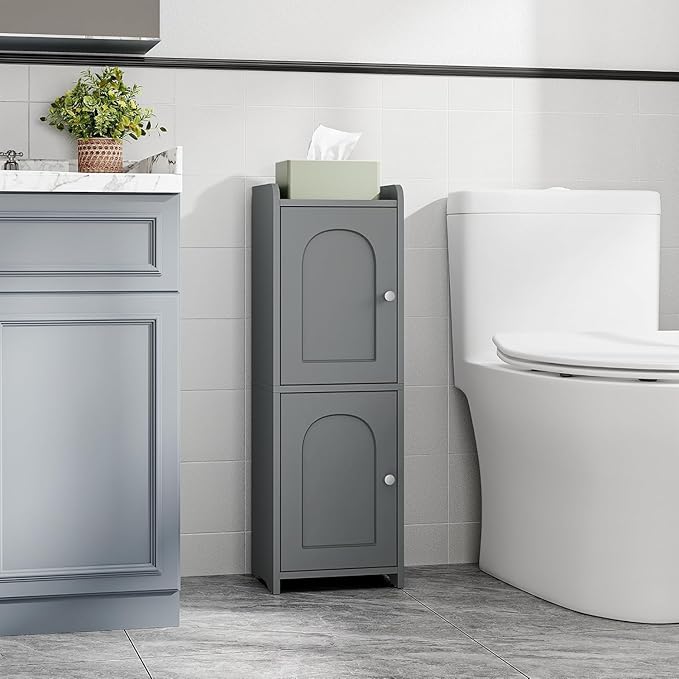 Bathroom Storage Cabinet, Small Corner Floor Cabinet with 2 Doors and Adjustable Shelf, Narrow Toilet Paper Cabinets, Bathroom Organizer for Small Spaces, 7.9" D x 9.8" W x 29.5" H Gray