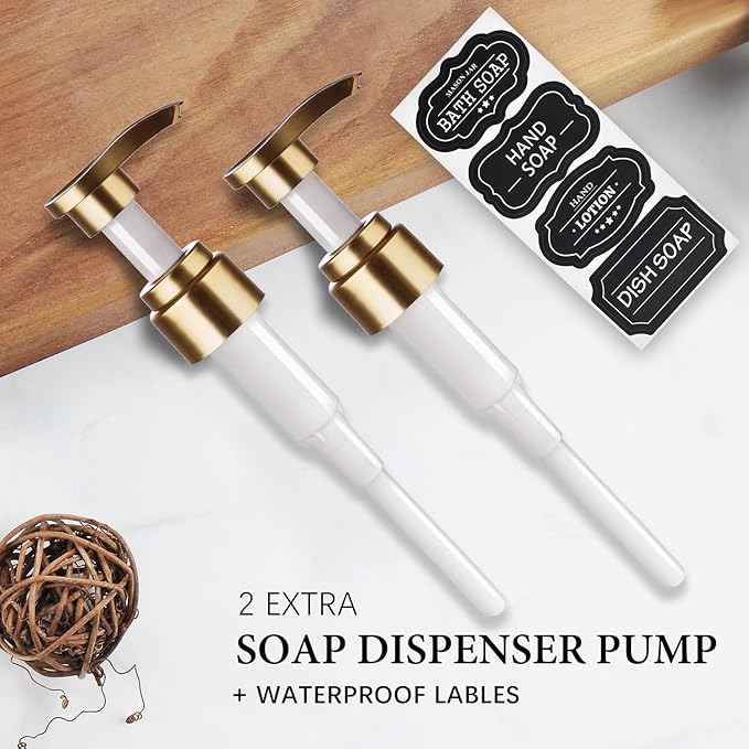 Amolliar Plastic Mason Jar Soap Dispenser with Pump Lid,16OZ Refillable BPA-Free Hand Soap Dispenser Set with Cute Lables - for Kitchen/Bathroom, Liquid Soap, Dish Soap, Lotion (2 Pack, Gold)