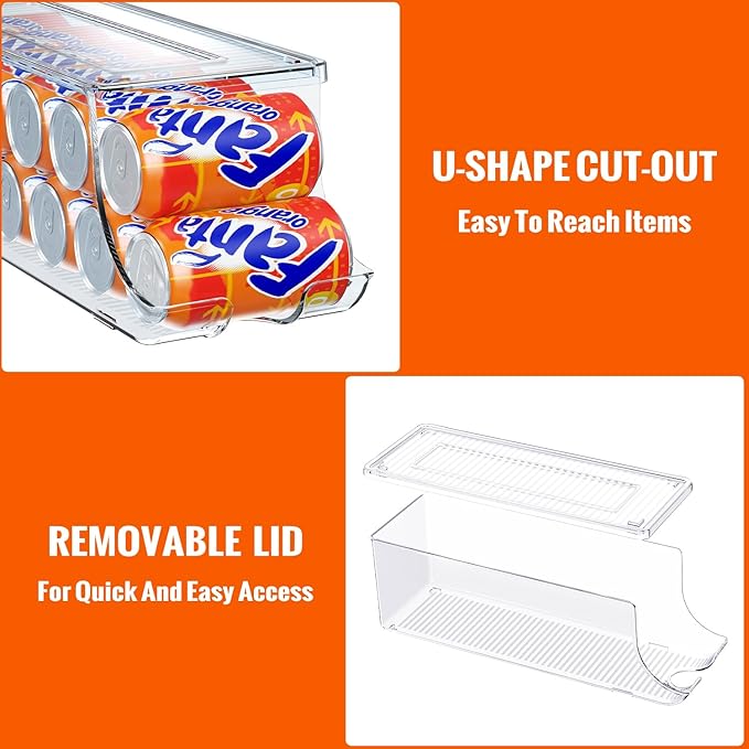 2 Pack Soda Can Organizer for Refrigerator, Stackable Canned Food Pop Cans Container Can Holder Dispenser with Lid for Fridge Rack Freezer, Clear Storage Bins-Holds 12 Cans Each (Clear)