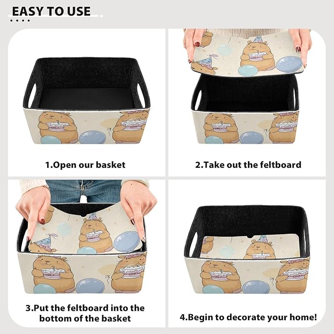 Cute Capybaras Cake Balloons Closet Storage Bins 2 Pcs Felt Open Home Storage Containers Organizer with Handles Collapsible Shelf Basket for Home Office Craft Room Classroom Fabric