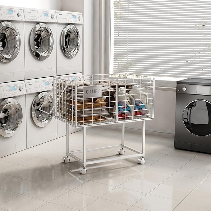 Rolling Laundry Cart, 80L Wire Laundry Hamper Basket on Wheels, Dirty Clothes Basket with Handle, Metal Clothes Hamper Organizer for Laundry Room, Bathroom, Bedroom, Dorm, White