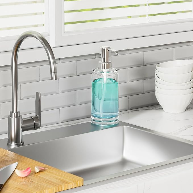 Clear Plastic Dish Soap Dispenser for Kitchen Sink, 10oz Refillable Hand Soap Dispenser for Bathroom Countertop, Modern Soap Bottle with Rust Proof ABS Pump