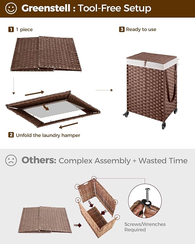 Greenstell Laundry Hamper with Wheels, No Install Needed, 90L Divided Handwoven Hampers & 2 Removable Liner Bags, Synthetic Rattan Clothes Laundry Basket with Lid & Handles, Foldable Hampers Brown