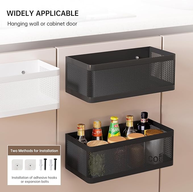 Heavy Duty Spice Rack Wall Mount - 2-Tier Metal Hanging Storage Baskets with Adhesive & Screw Options, Space Saving Spice Organizer for Kitchen, Pantry, Bathroom (2 Pack, Black)