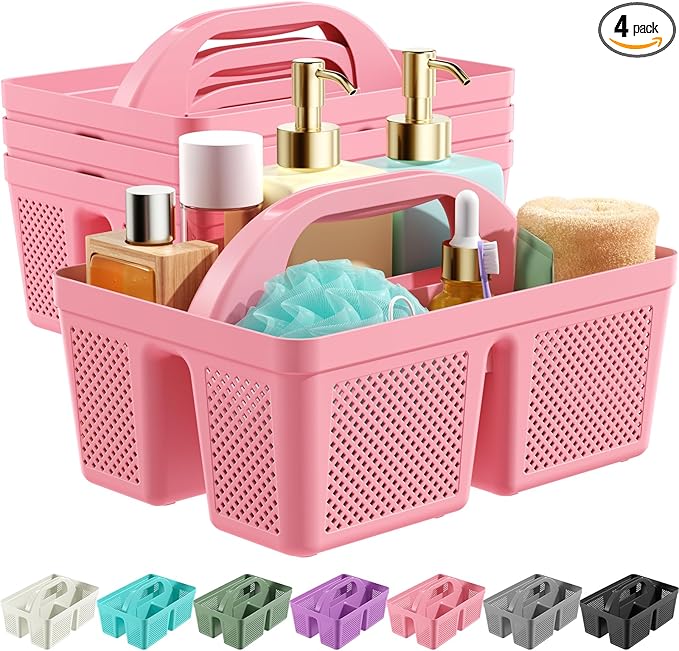 MLIKLU 4 Pack Portable Shower Caddy, Integrated Handle, Reinforced Plastic, Quick-Dry Ventilation Holes, Multi-purpose Storage Basket for Home, Dorm and Bathroom, Kitchen, Under Sink Storage, Pink