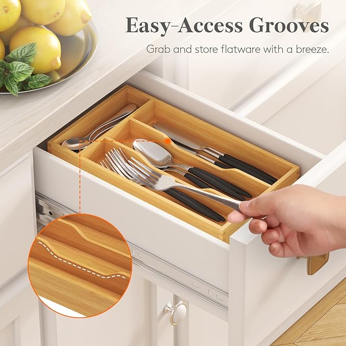 Lifewit Silverware Drawer Organizer, Utensil Tray for Kitchen, Flatware and Cutlery Holder, Storage for Spoons Forks Knives, 6.7 x 12", Natural