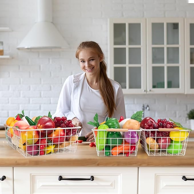 Wire Basket 2 Pcs Wire Storage Baskets Wire Baskets Organizing with Wooden Handles Wire Basket Pantry Organization and Storage Metal Wire Food Storage Basket for Kitchen, Cabinets (White 2PCS)