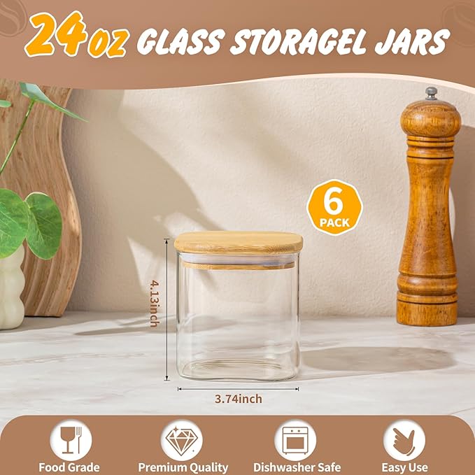 24 Oz Glass Storage Jars with Bamboo Lids - 6 Pack Clear Glass Canisters Square Airtight Stackable Ideal for Pantry Storage Containers Organizers Great for Storing Oats Coffee Beans Nuts etc