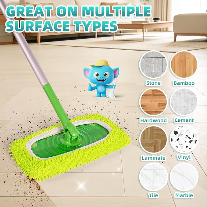 6 Pack Reusable Mop Pads Compatible with Swiffer Sweeper Mop, Washable Wet Pads Refill, Dry Sweeping Cloths, Microfiber Pads for Mopping Floors (Green, Pink)