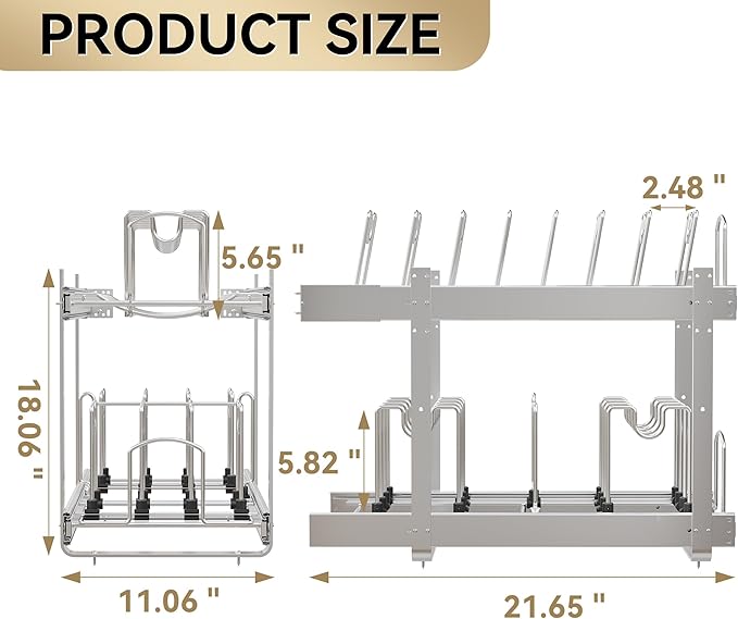 2-Tier Kitchen Pull out Cabinet Organizer for Pots, Pans, and Lid Cookware, Adjustable Heavy Duty Wire Pan and Pot Rack, Full-Extension Rail 12" W *22" D