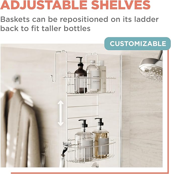 Zenna Home Shower Caddy Hanging Over the Shower Door Organizer, Stainless Steel Rack with 2 Shelves and Built in Hooks, Bathroom Organizer Shelf for Inside Shower, Chrome
