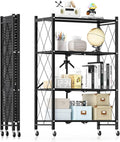 HealSmart Heavy Duty 4-Tier Foldable Metal Rack, 14.96" D x 27.95" W x 49.61" H Storage Shelving Unit 1000 lbs with Wheels Moving Easily Organizer Shelves Great for Garage Kitchen, Black