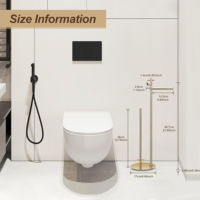 BVL Toilet Paper Holder Stand in Gold, SUS304 Stainless Steel, Weighted Base, Holds 5 Jumbo Rolls, Waterproof Pad, Compact Space-Saving Design with Built-in Hook for Modern Bathroom Storage