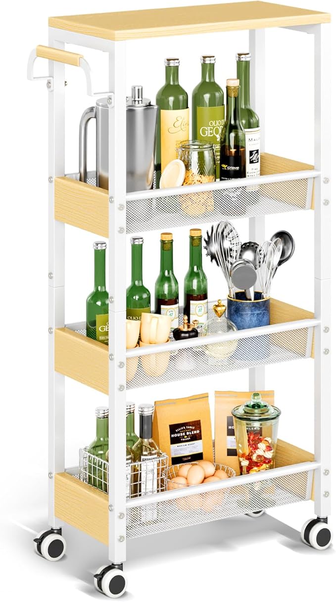 Utility 4 Tier Rolling Cart for Small Spaces, Slim Storage Cart with Wheels, Metal Narrow Kitchen Rolling Storage Cart with Wood Top& Handle for Laundry Room, White Thin Rolling Cart 7.9"(W)