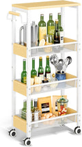Utility 4 Tier Rolling Cart for Small Spaces, Slim Storage Cart with Wheels, Metal Narrow Kitchen Rolling Storage Cart with Wood Top& Handle for Laundry Room, White Thin Rolling Cart 7.9"(W)