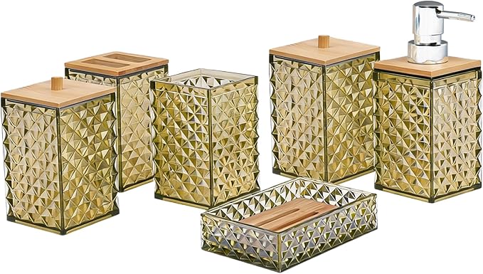 Bathroom Accessory Set,6 Pcs Beige Bathroom Set Include Soap Dispenser, Qtip Holder Dispenser, Soap Dish,Toothbrush Holder & Mouthwash Cup.Boho Bathroom Set