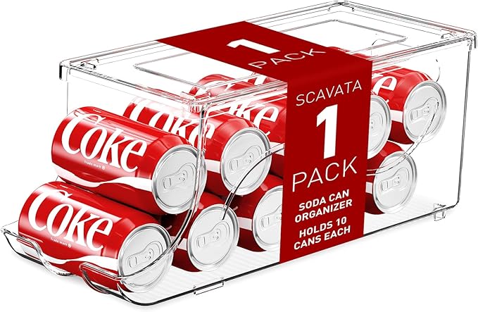 Stackable Refrigerator Organizer, Soda Can Dispenser Pop Cans Container Beverage Holder with Lid for Fridge, Freezer, Kitchen, Clear Plastic Storage Bins-Holds 10 Cans Each (One)