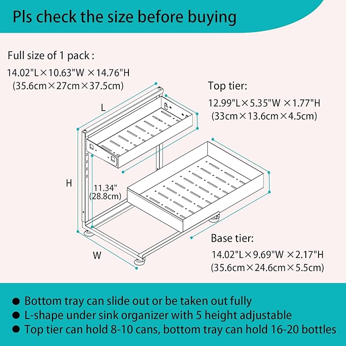 Under Sink Organizer, Bathroom Counter Organizer, 2 Packs 2-Tier Metal, Under Cabinet Storage, Makeup Storage, Adjustable Height & Slide-Out Drawer for Kitchen Bathroom Dorm Shop Office, White