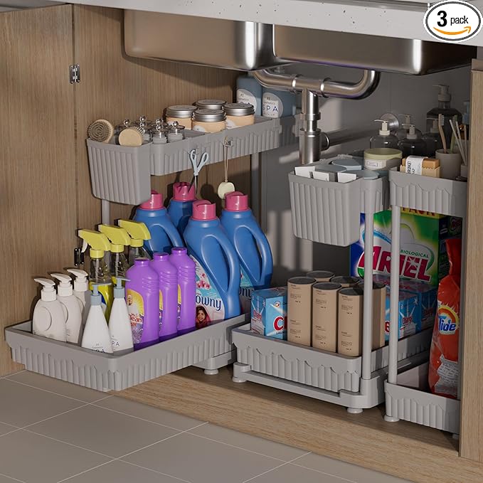 3 Pack Multi-Purpose Under Sink Organizers and Storage, 2026 L-Shaped Pull Out Cabinet Organizer for Bathroom & Kitchen, Under Cabinet Organizer with Hooks Hanging Cup, Grey