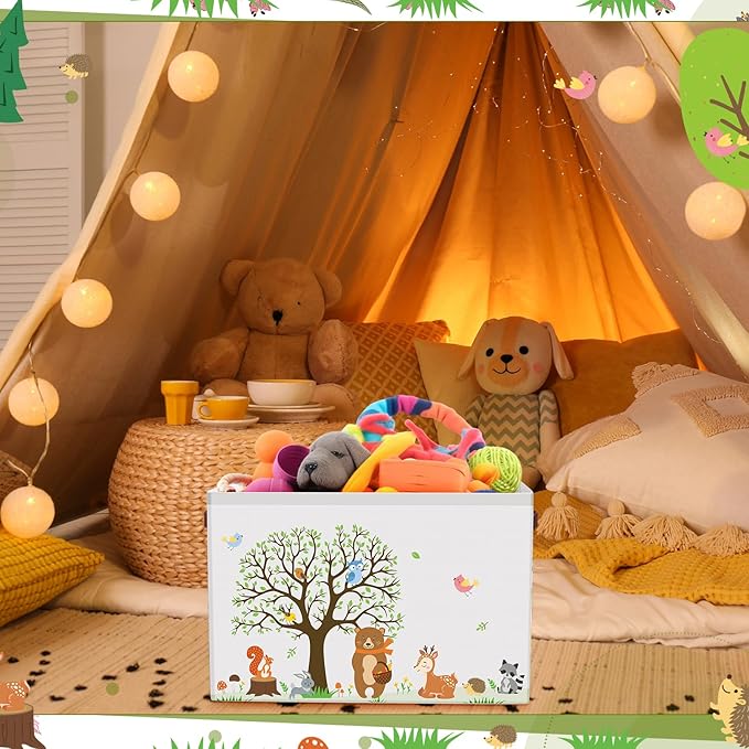Boao 3 Pack Woodland Animals Storage Baskets for Gifts, Collapsible Large Forest Animals Storage Bins Bear Fox Raccoon Tree Foldable Empty Canvas Laundry Basket with Handle for Nursery Home Bedroom