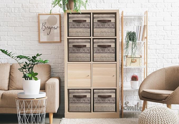Sorbus Foldable Storage Cube Basket Bin, Rustic Wood Grain Print, 4-Pack (Rustic Bin - Brown)