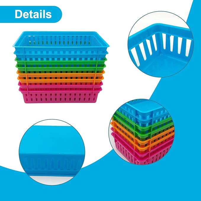 KWAGOCAR 8 Pack Classroom Storage Baskets Bins Colorful Plastic Organizer Basket Small Pencil Holder Tray Mesh Bins for Paper Desk Shelf Home School Office Arts Crafts Toy File Organization