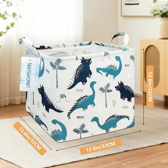 LANGYASHAN Square Storage Baskets Waterproof Canvas Children Laundry Nursery Hamper for Shelves Gift Baskets Toy Organizer Room Decor (Square Dinosaur)