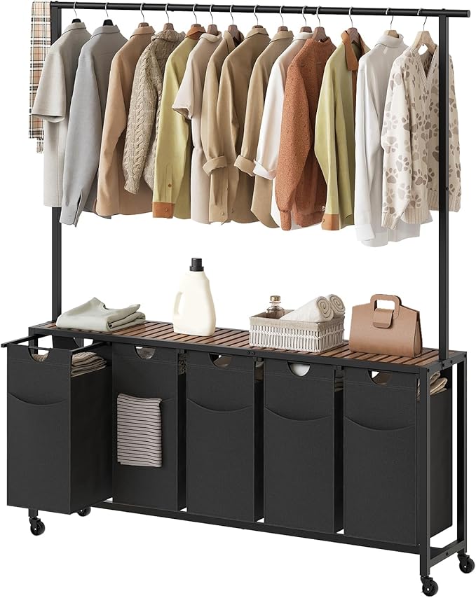 Laundry Hamper, Laundry Sorter 5 Section, Rolling Laundry Basket, Laundry Sorter with Hanging Bar, Hampers for Laundry, Laundry Basket Organizer for Laundry Room, Rustic Brown LS57BR